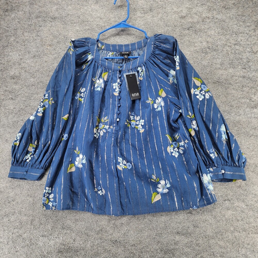 ANA A New Approach Blouse Womens Medium Blue Striped Floral